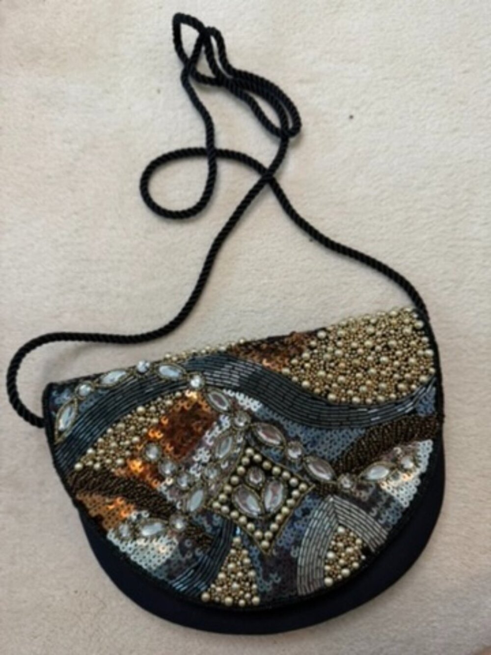 Vintage Towanny Black & Metallic Beaded Crossbody Evening Bag - Mosaic Sequined